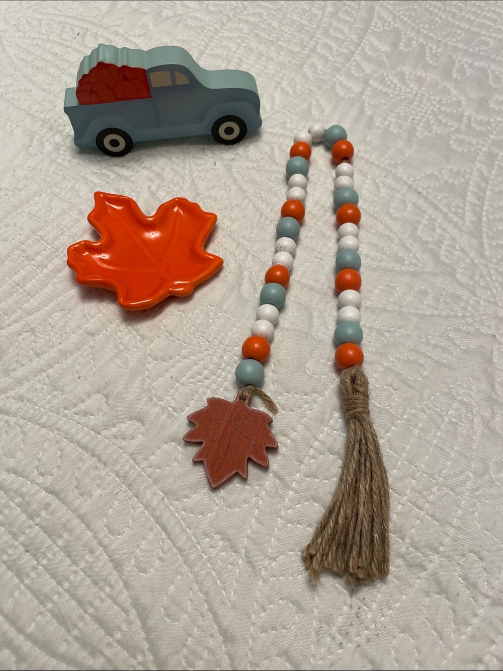 Set of 3 Fall Autumn Themed Shelf Tray Decor Wooden Beads & Ceramic Leaves Truck